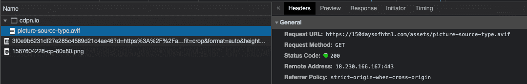 AVIF file format shown to load in Chrome devtools network panel